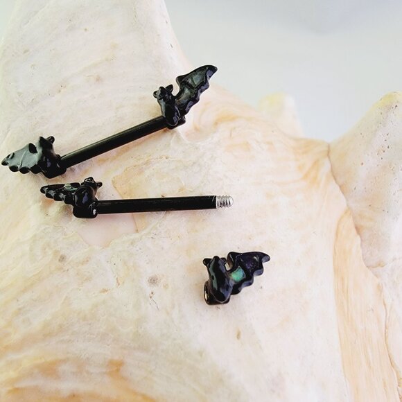 NWT 14G Black Bat PVD coated Surgical Steel abalone insert nipple bar piercing - Picture 5 of 6
